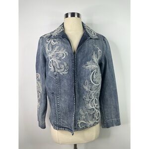 Chico's Denim Jacket with Intricate White Patterns